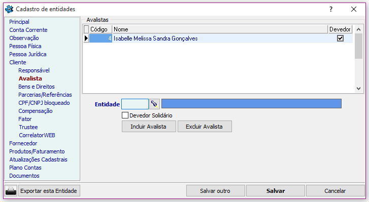 Cadastros > Entidade > Cliente