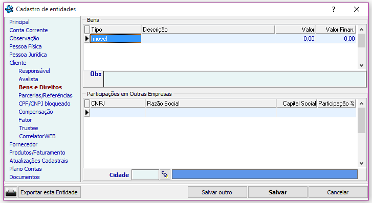 Cadastros > Entidade > Cliente
