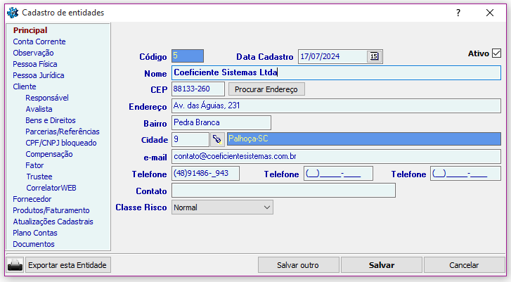 Cadastros > Entidade > Cliente